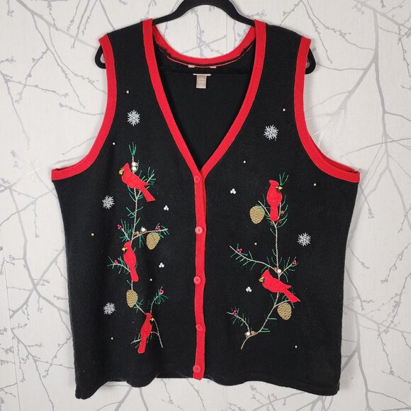 White Stag Cardigan Birds Embroidered Holidays Sweater Vest - Picture 1 of 5